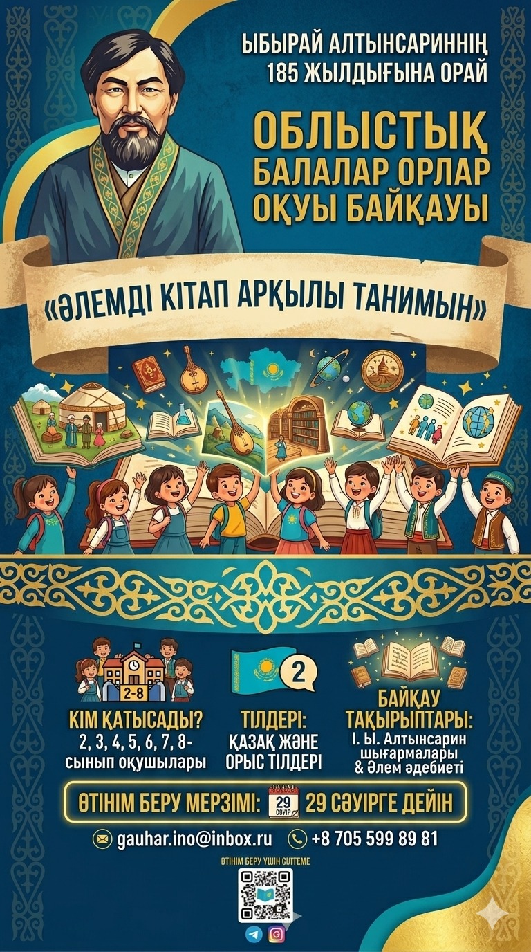Ұлы ағартушы Ыбырай Алтынсариннің туғанына 185 жыл толуына орай «Әлемді кітап арқылы танимын» атты облыстық балалар оқуы байқауын өткізу туралы ЕРЕЖЕ