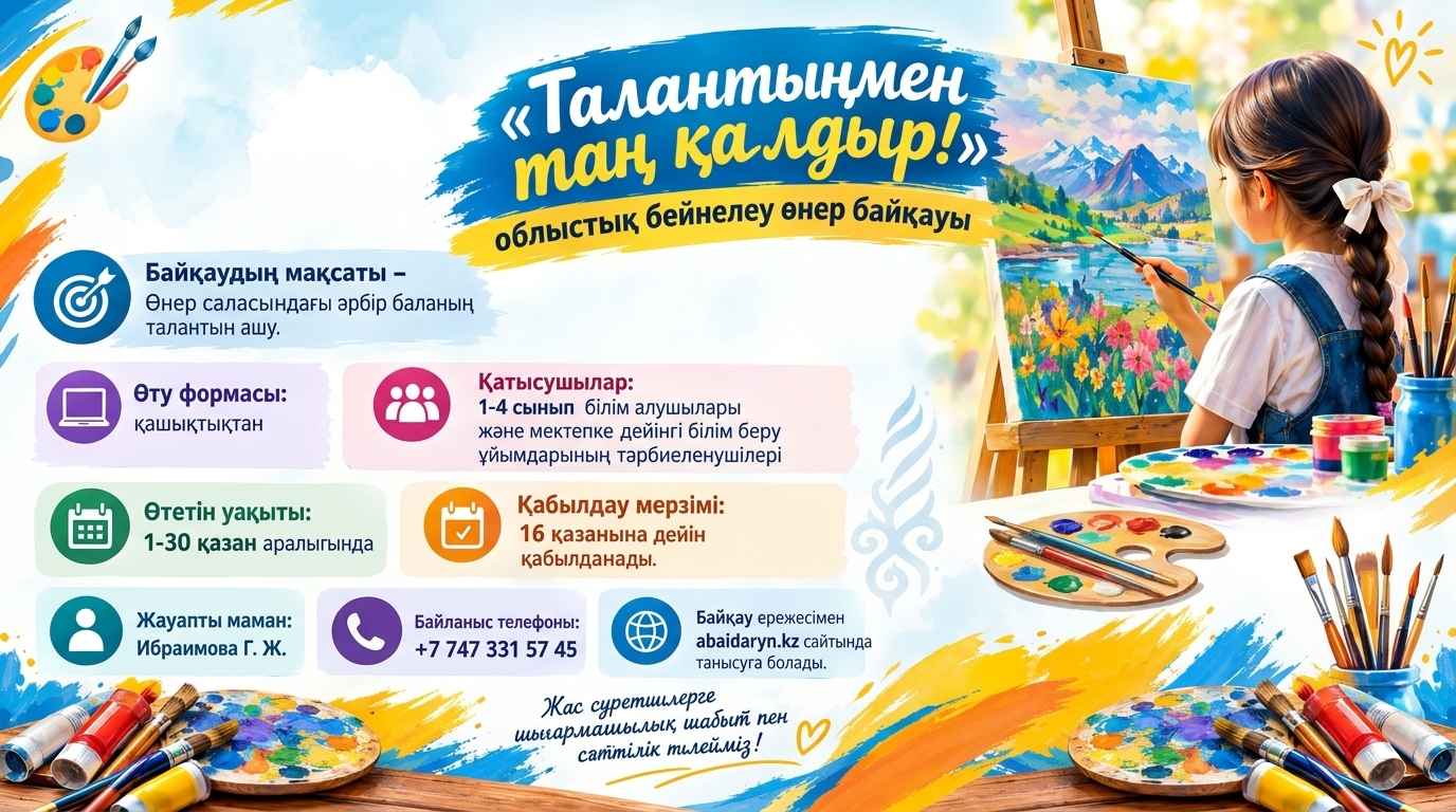 «Талантыңмен таң қалдыр!»
1-4 сынып оқушылары және мектепке дейінгі білім беру ұйымдарының
тәрбиеленушілері арасындағы облыстық
қашықтық байқауы